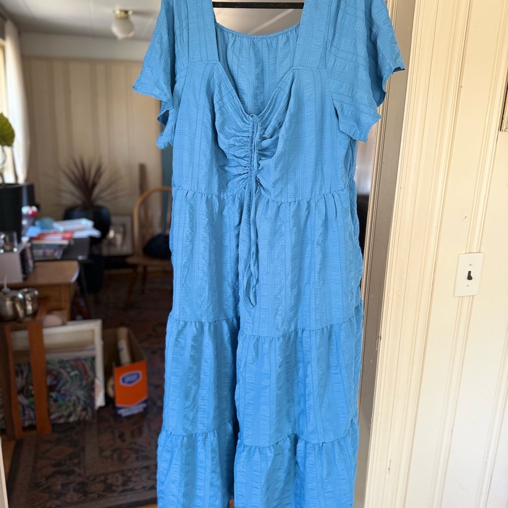 BloomChic Sky Blue Midi Dress with Ruffle Accents